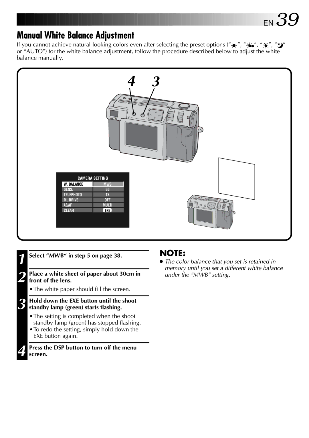 JVC GC X 1 manual Manual White Balance Adjustment, White paper should fill the screen 