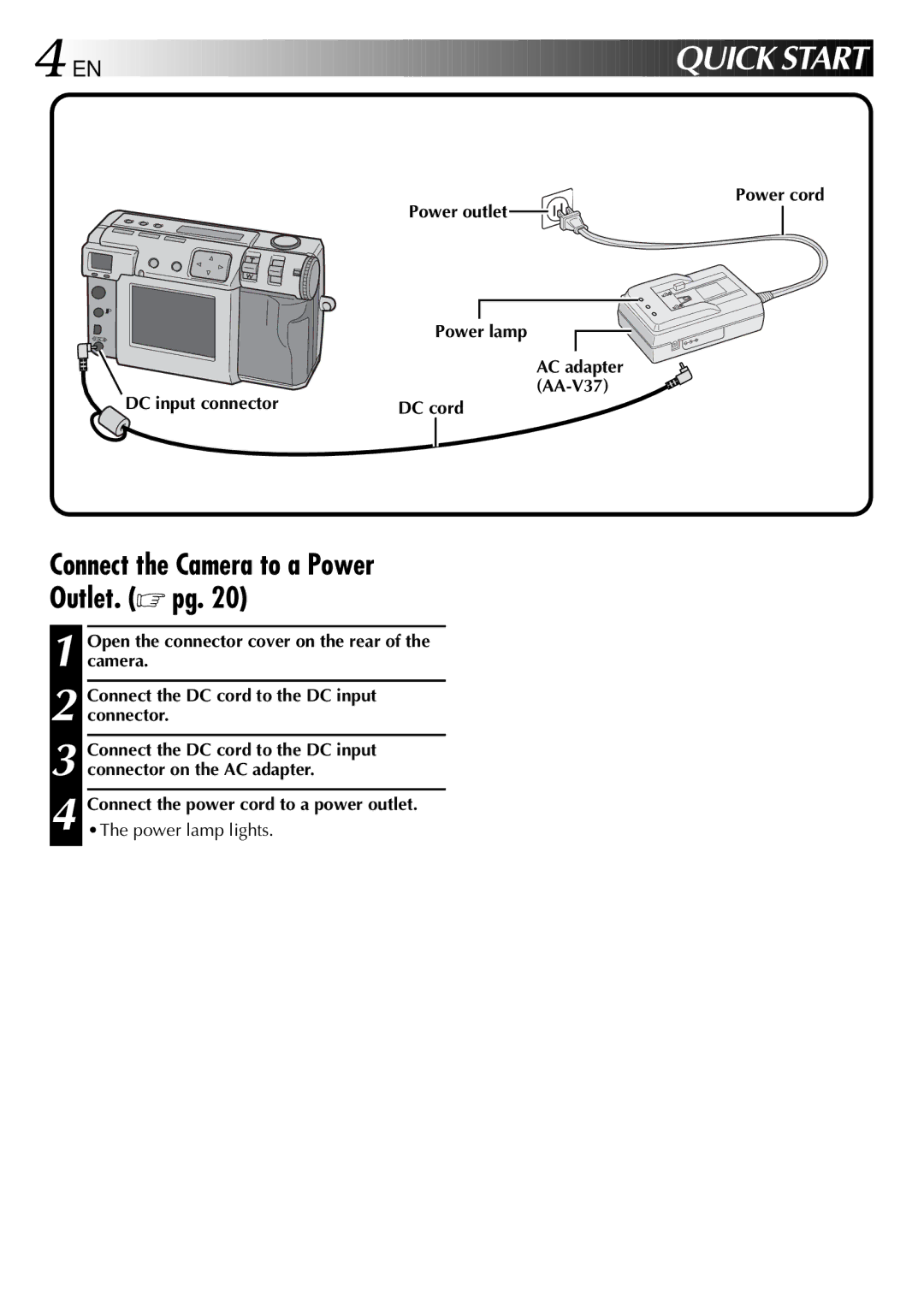 JVC GC X 1 manual Connect the Camera to a Power Outlet. pg, Power cord Power outlet Power lamp, DC input connector 