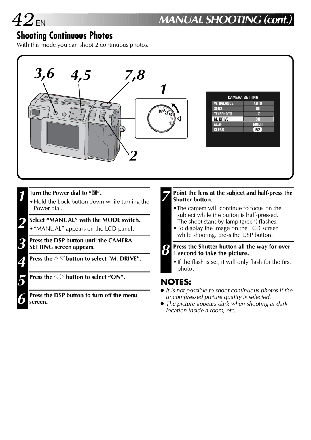 JVC GC X 1 manual 42 EN, Shooting Continuous Photos 