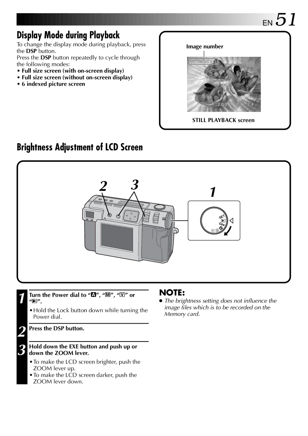 JVC GC X 1 manual Display Mode during Playback, Brightness Adjustment of LCD Screen 