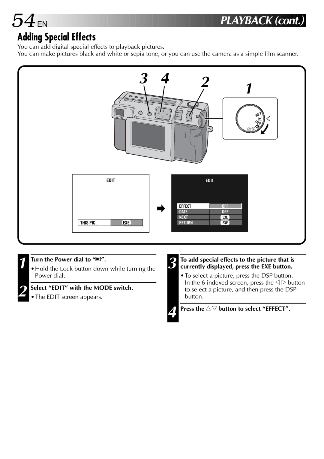 JVC GC X 1 manual 54 EN, Adding Special Effects, Select Edit with the Mode switch, Press the r t button to select Effect 