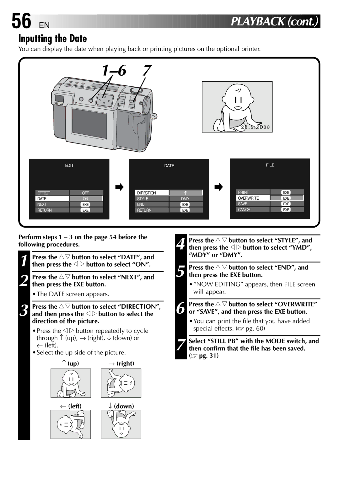 JVC GC X 1 manual 56 EN, Inputting the Date, up → right ← left ↓ down 