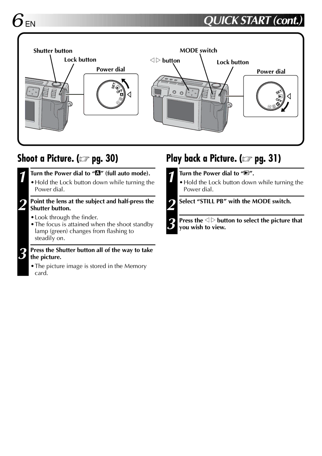 JVC GC X 1 manual Quick Start, Shoot a Picture. pg, Play back a Picture. pg 