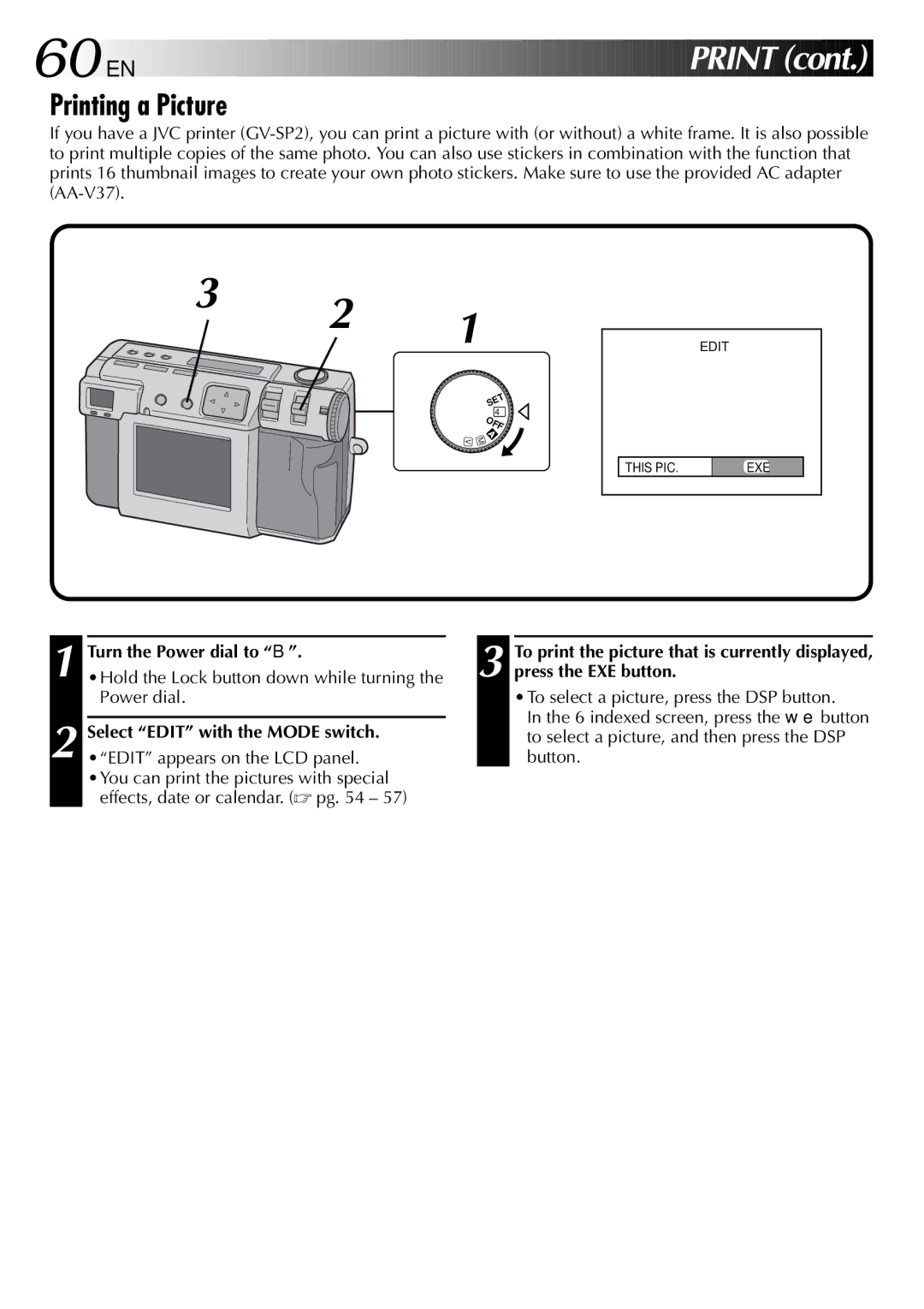 JVC GC X 1 manual 60 EN, Printing a Picture 