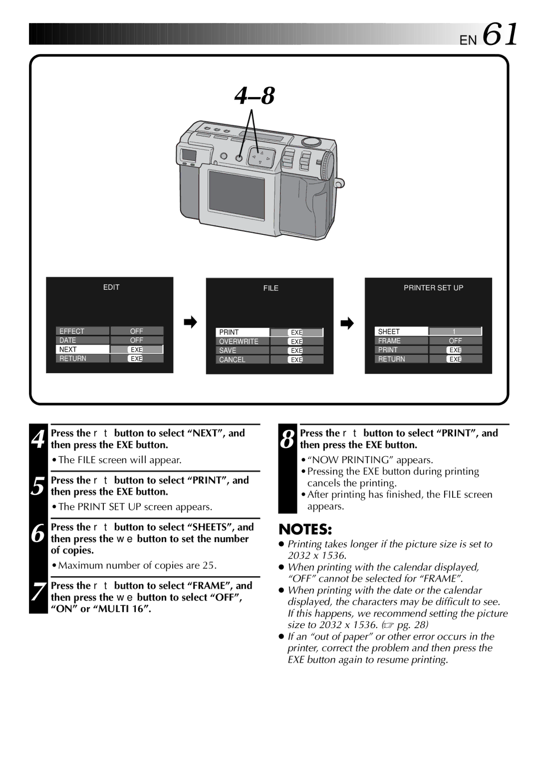 JVC GC X 1 manual Printing takes longer if the picture size is set to 2032 x 