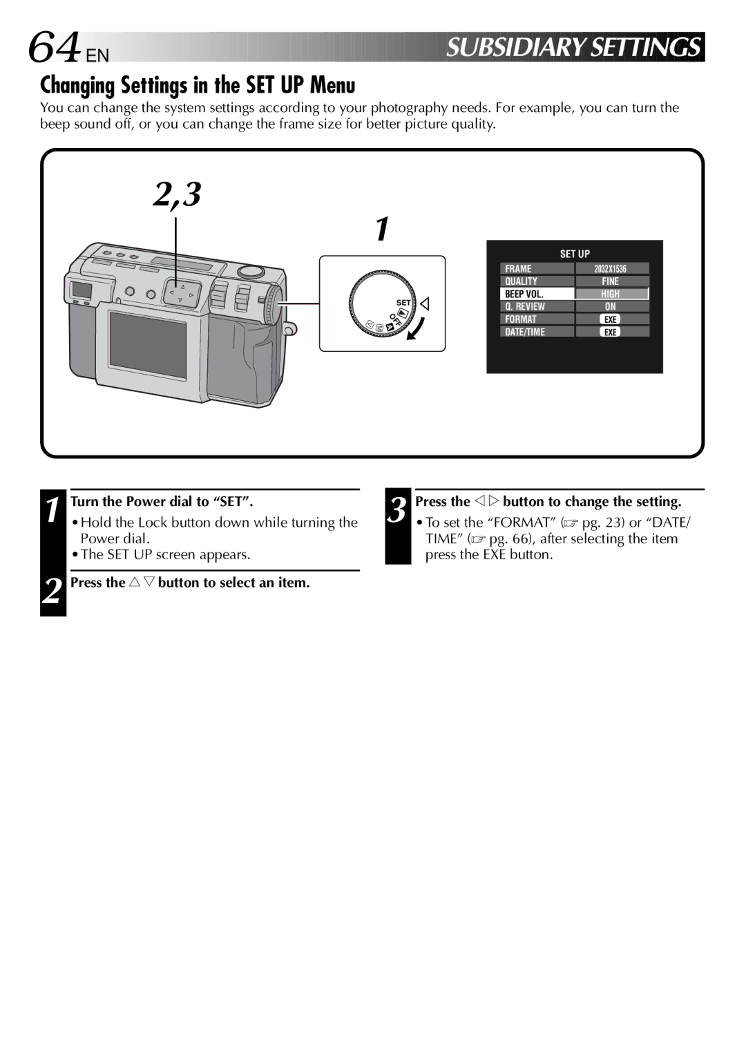 JVC GC X 1 manual Changing Settings in the SET UP Menu, Press the r t button to select an item 