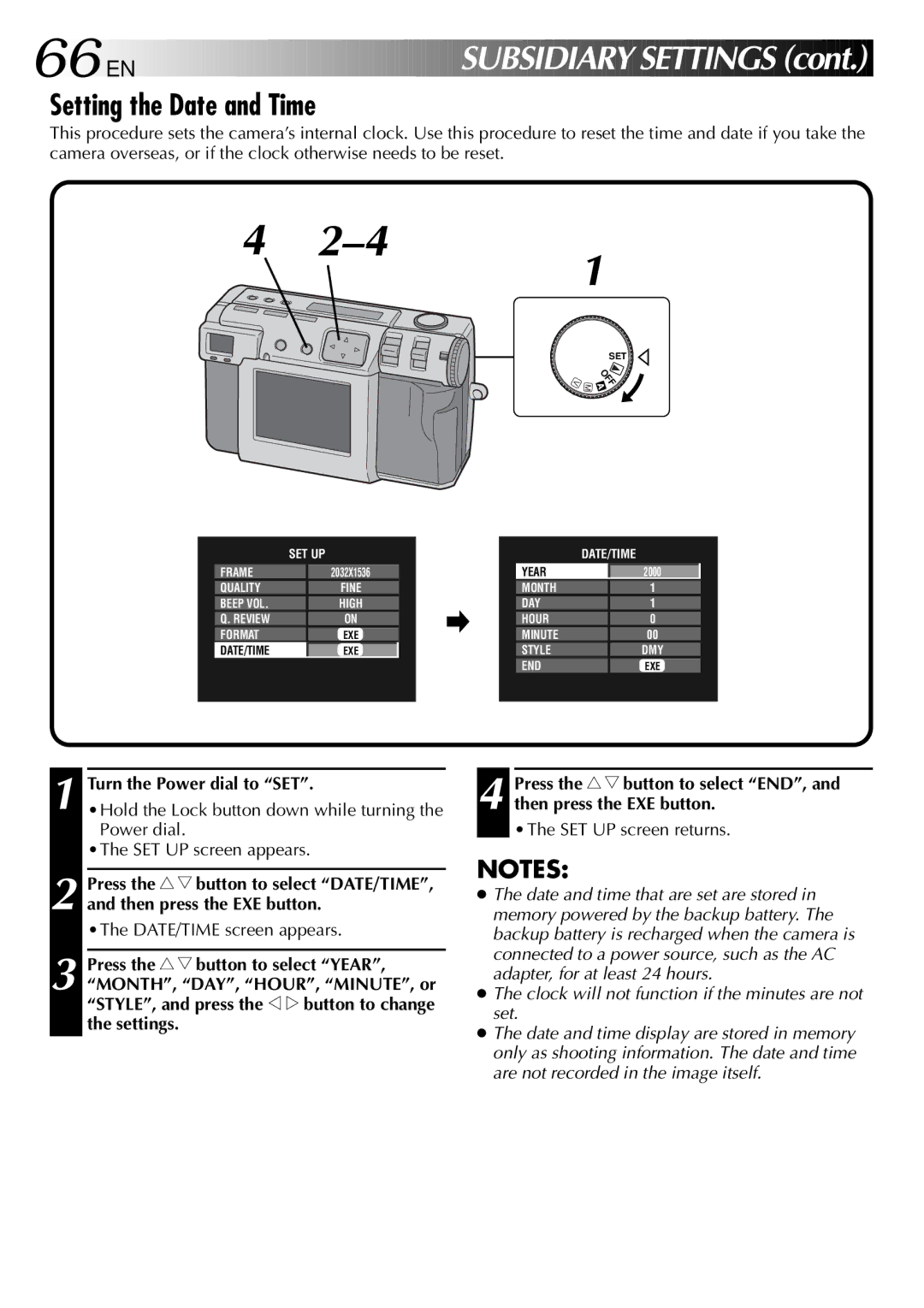 JVC GC X 1 manual 66 EN, Subsidiary Settings, Setting the Date and Time 