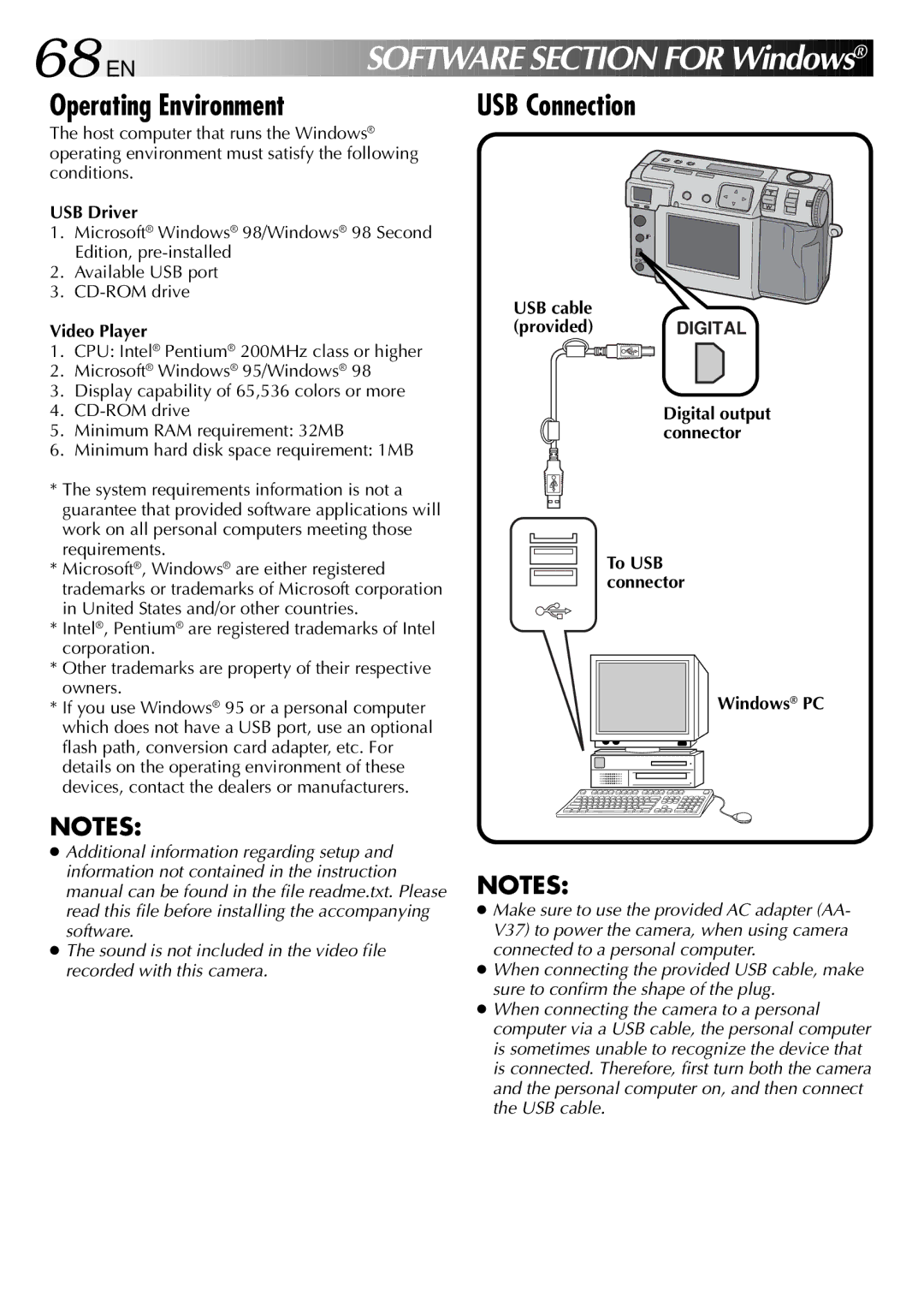 JVC GC X 1 manual 68 EN, Software Section for Windows, Operating Environment 