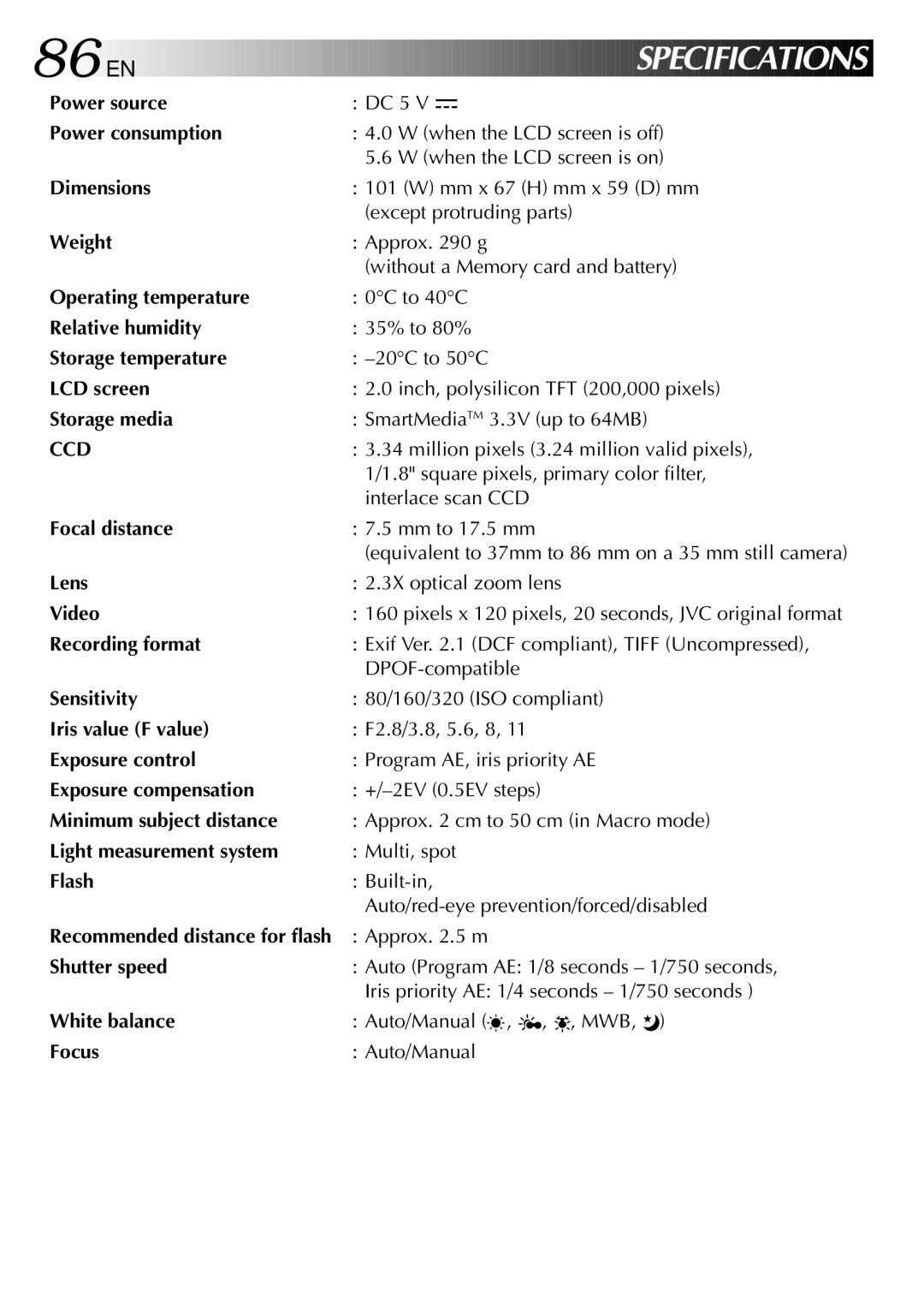 JVC GC X 1 manual 86 EN, Recommended distance for flash 