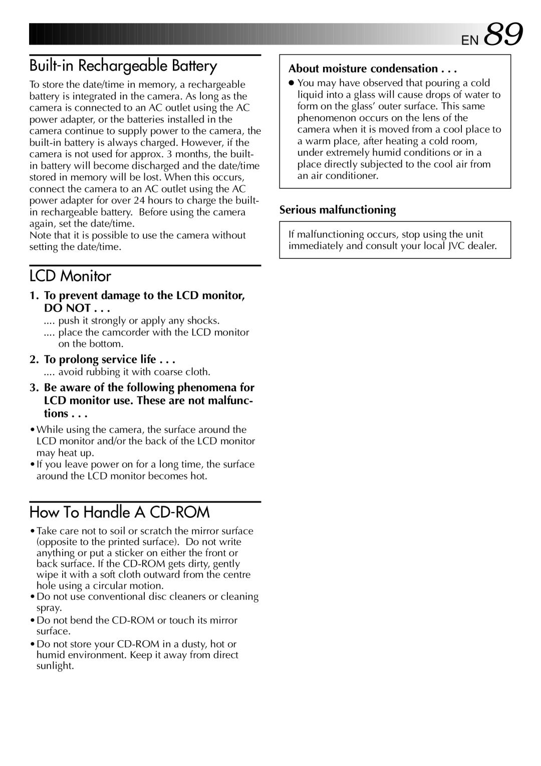 JVC GC X 1 manual Built-in Rechargeable Battery 