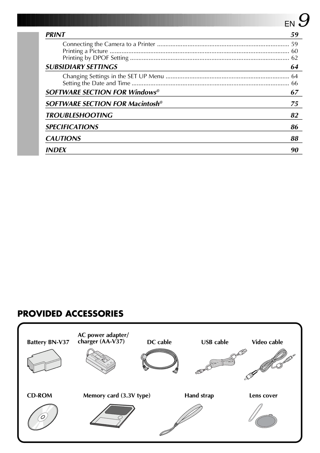 JVC GC X 1 manual Subsidiary Settings, Memory card 3.3V type Hand strap 