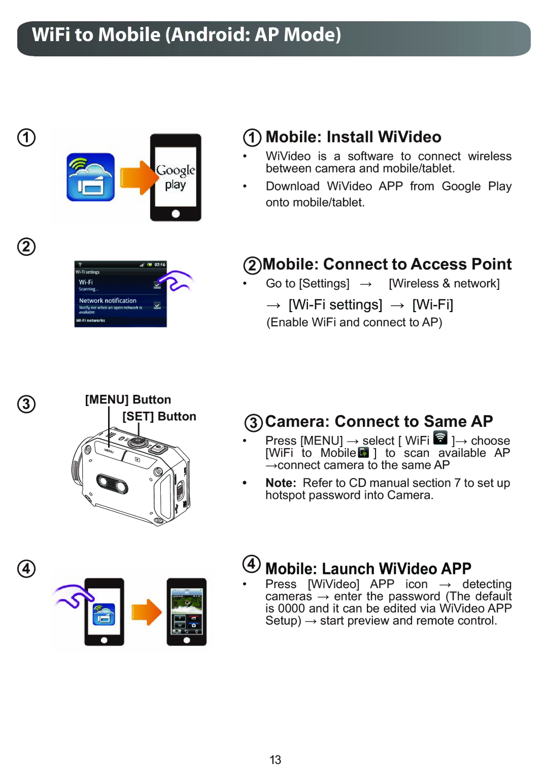 JVC GC-XA1BUS, GCXA1BUS manual WiFi to Mobile Android AP Mode, Mobile Install WiVideo 