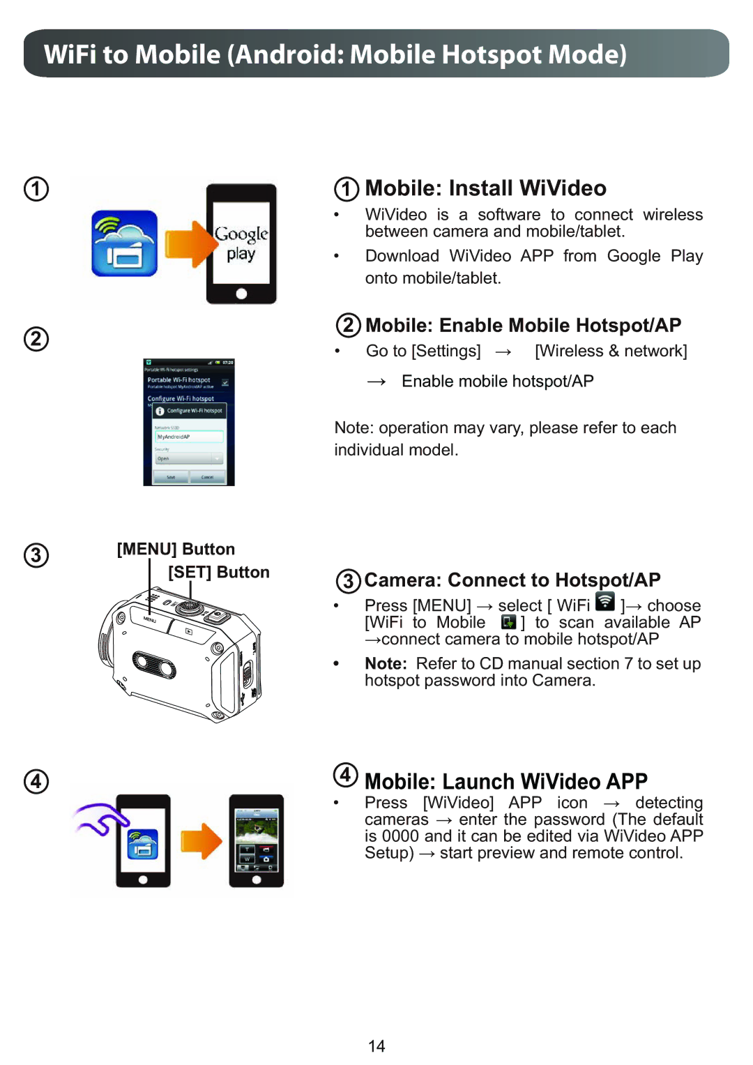 JVC GCXA1BUS, GC-XA1BUS manual WiFi to Mobile Android Mobile Hotspot Mode 