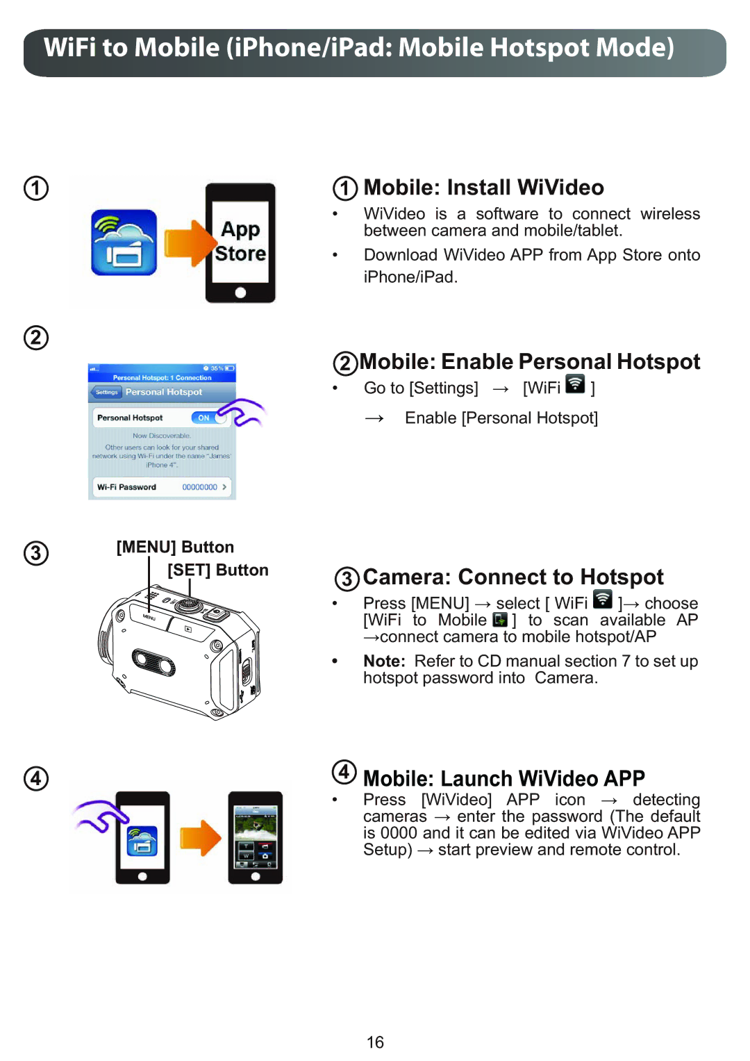 JVC GC-XA1BUS, GCXA1BUS manual WiFi to Mobile iPhone/iPad Mobile Hotspot Mode 