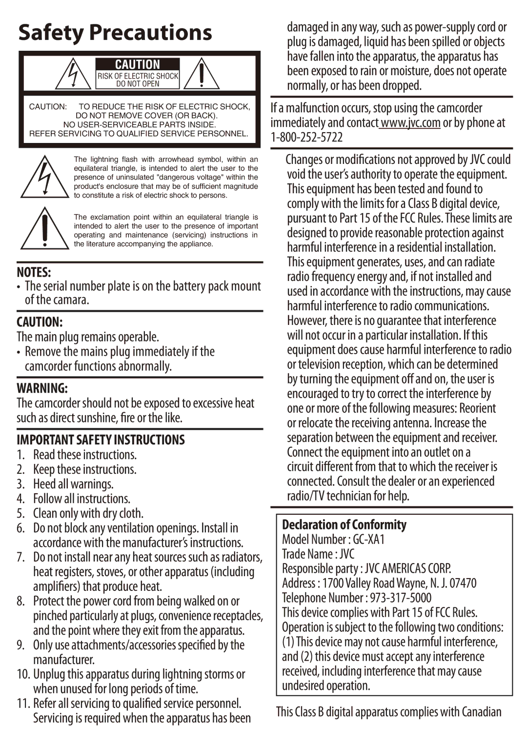 JVC GCXA1BUS, GC-XA1BUS manual Safety Precautions 