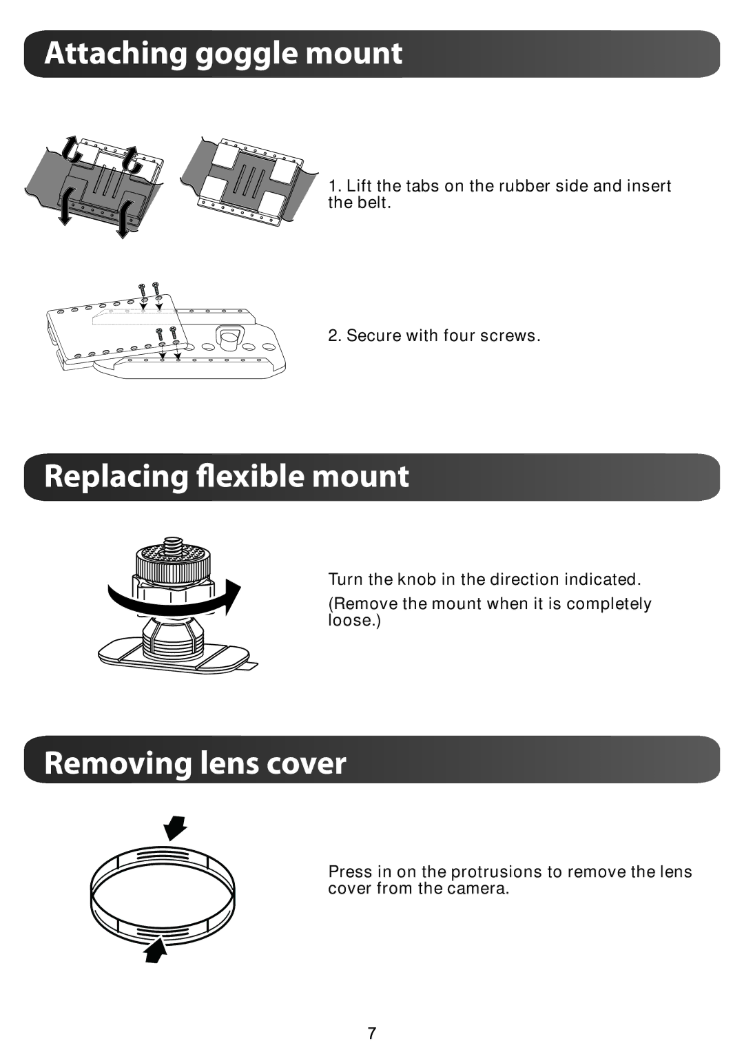 JVC GC-XA1BUS, GCXA1BUS manual Attaching goggle mount, Replacing exible mount, Removing lens cover 