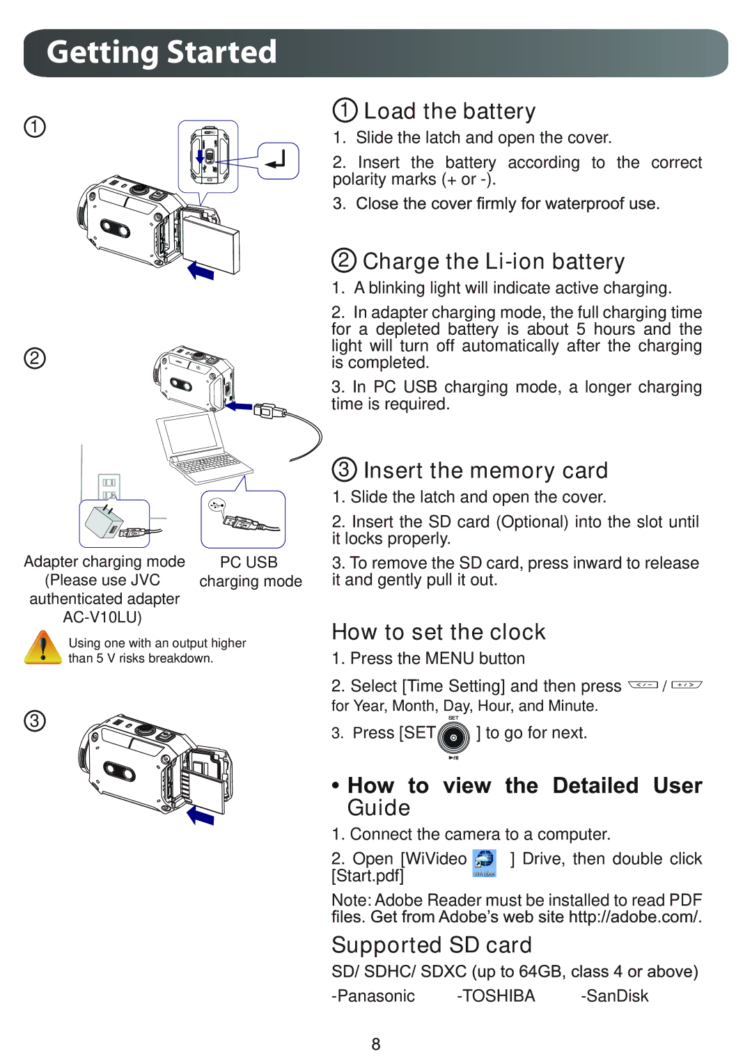 JVC GCXA1BUS, GC-XA1BUS manual Getting Started, Load the battery 