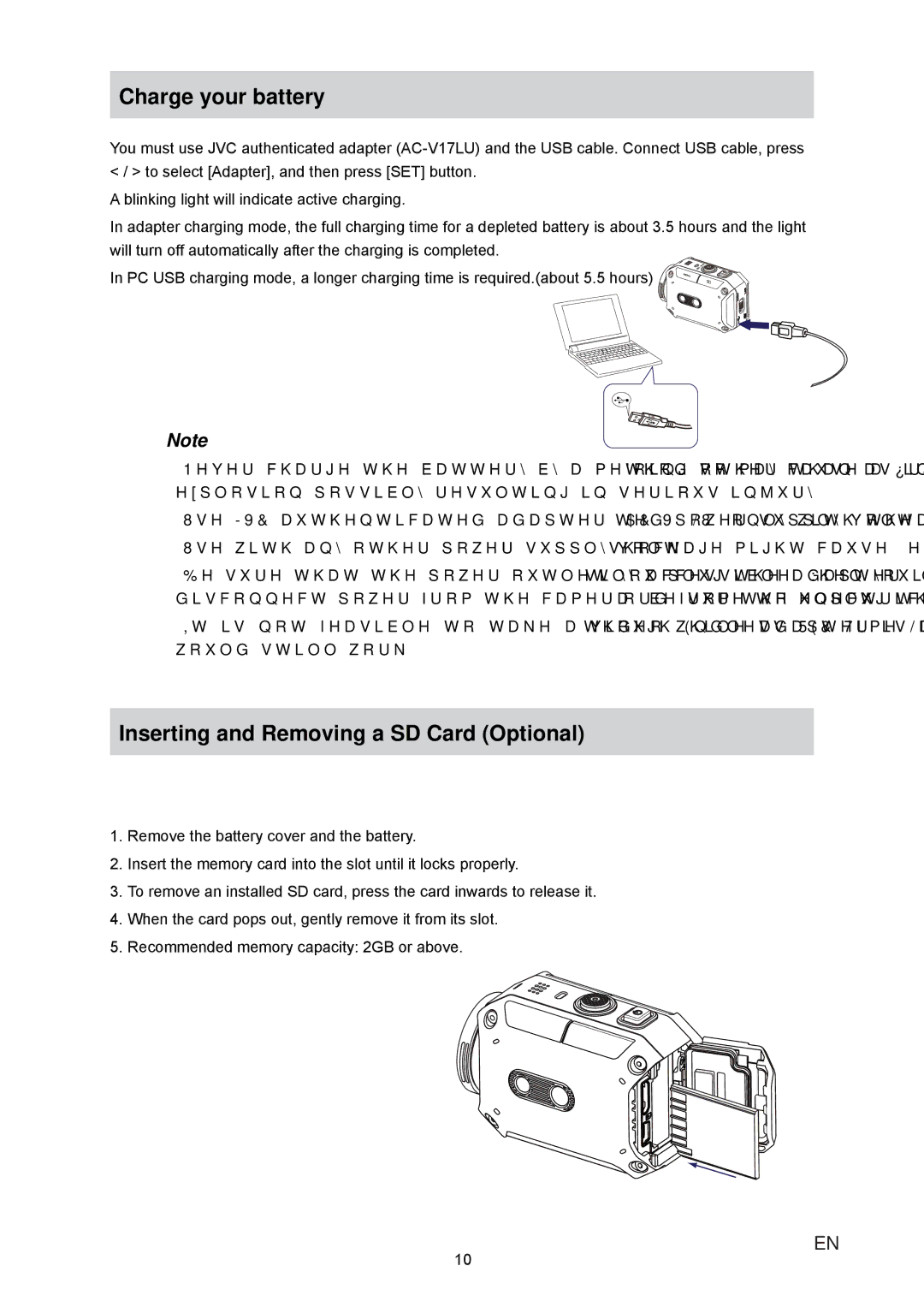 JVC GC-XA1 manual Charge your battery, Inserting and Removing a SD Card Optional 