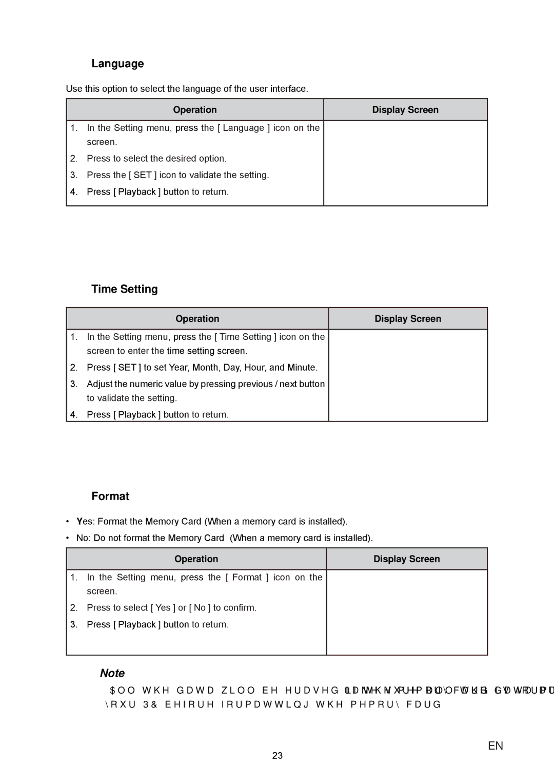 JVC GC-XA1 manual Language, Time Setting, Format,  3UHVV 3OD\EDFN @EXWWRQWRUHWXUQ 