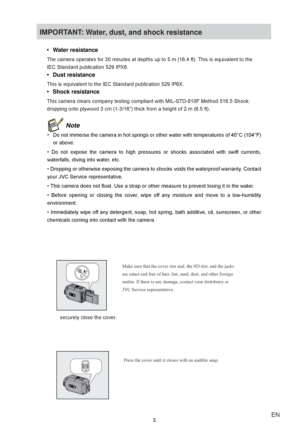 JVC GC-XA1 manual Important Water, dust, and shock resistance, Hqylurqphqw, FkhplfdovFrplqjLqwrFrqwdfwZlwkWkhFdphud 