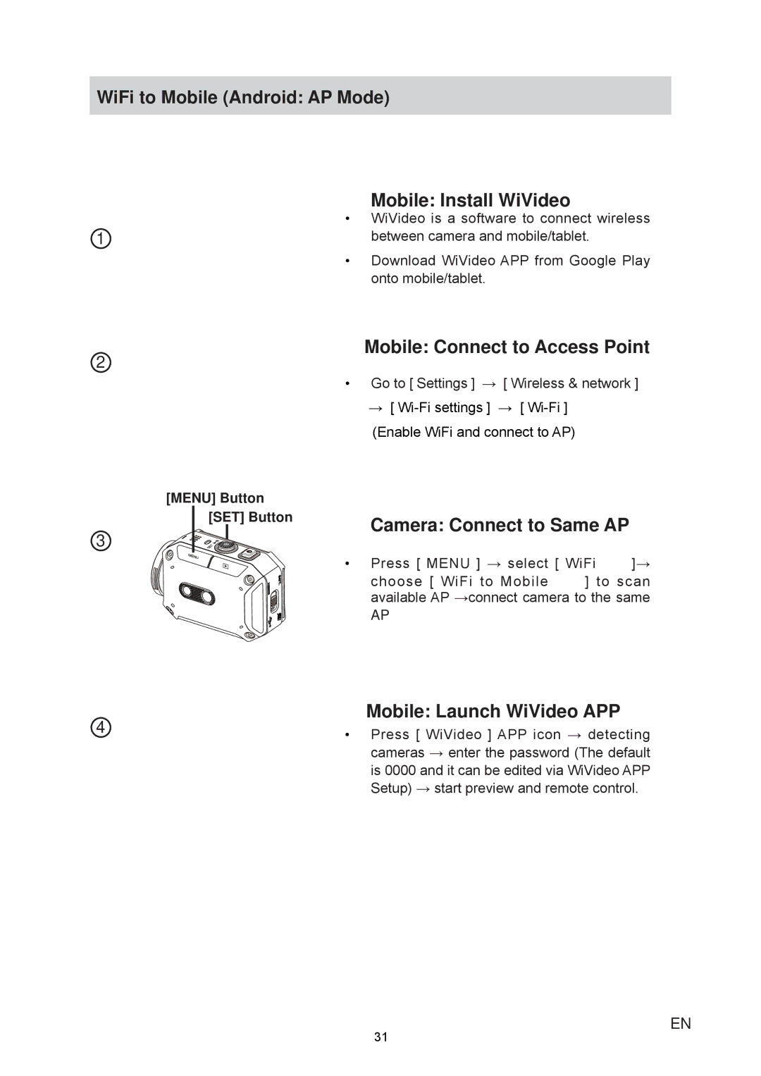 JVC GC-XA1 manual WiFi to Mobile Android AP Mode Mobile Install WiVideo, Mobile Connect to Access Point 