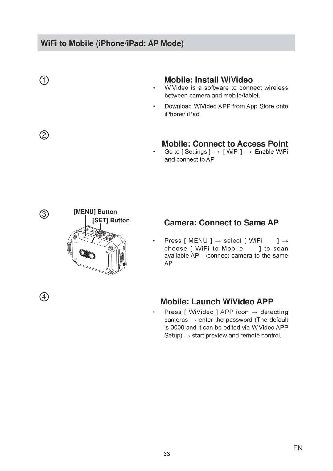 JVC GC-XA1 manual WiFi to Mobile iPhone/iPad AP Mode Mobile Install WiVideo, Mobile Connect to Access Point, QdeohLl 