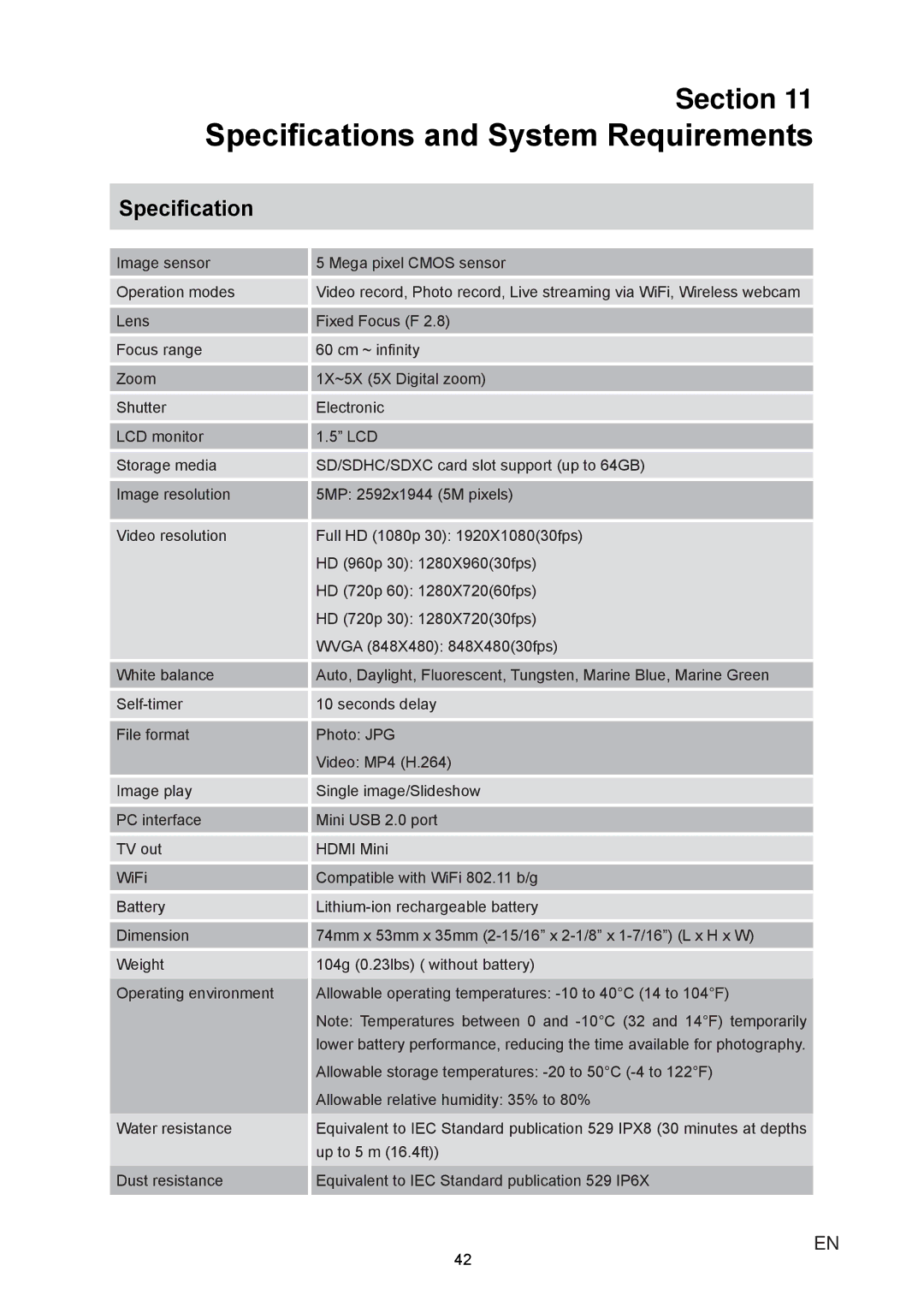 JVC GC-XA1 manual Speciﬁcations and System Requirements 