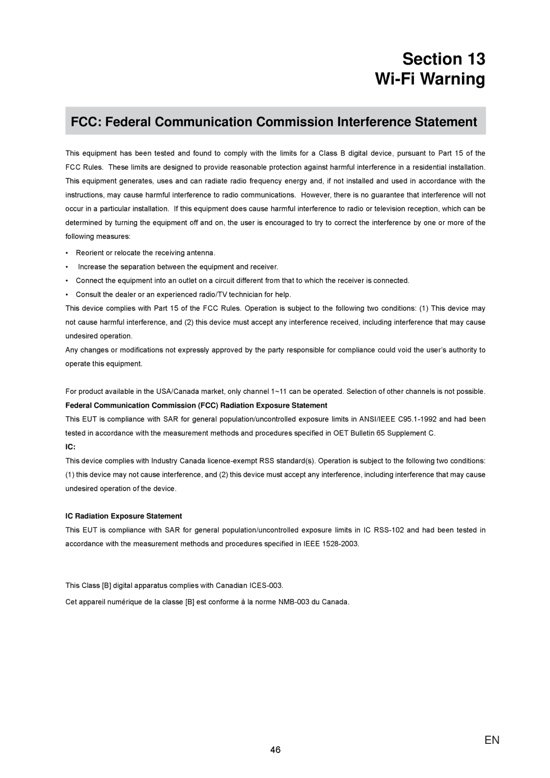 JVC GC-XA1 manual Section Wi-Fi Warning, FCC Federal Communication Commission Interference Statement 