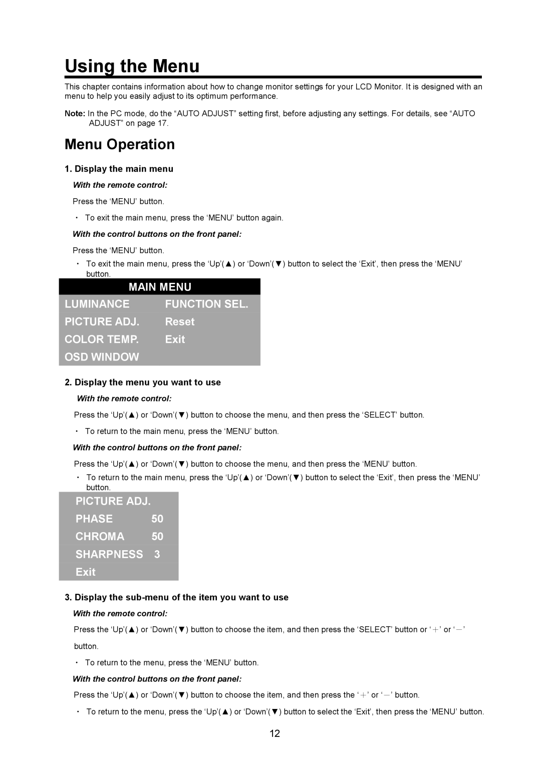 JVC GD-17L1G, GD-19L1G manual Using the Menu, Menu Operation 