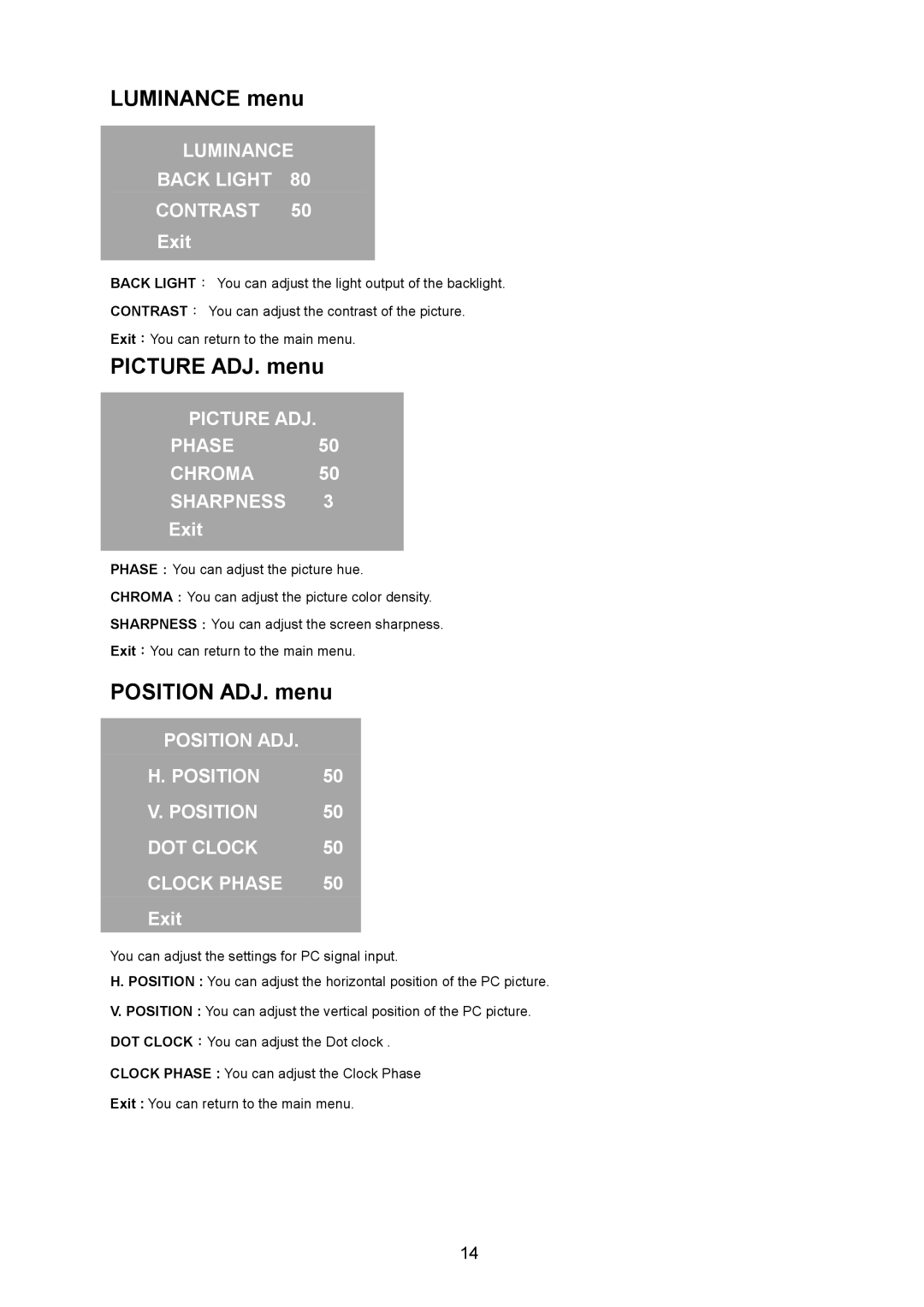 JVC GD-17L1G, GD-19L1G manual Luminance menu, Picture ADJ. menu, Position ADJ. menu, Luminance Back Light Contrast 