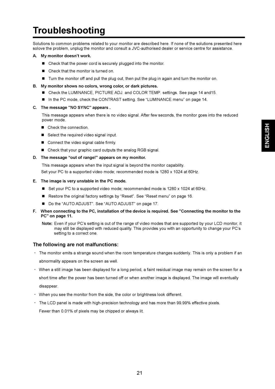 JVC GD-19L1G, GD-17L1G manual Troubleshooting 