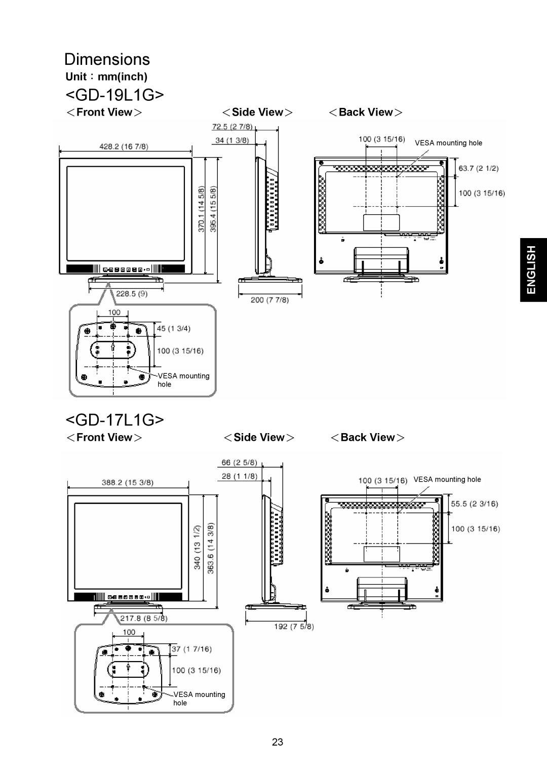 JVC GD-19L1G, GD-17L1G manual Unit：mminch, ＜Front View ＞ ＜Side View ＞ 