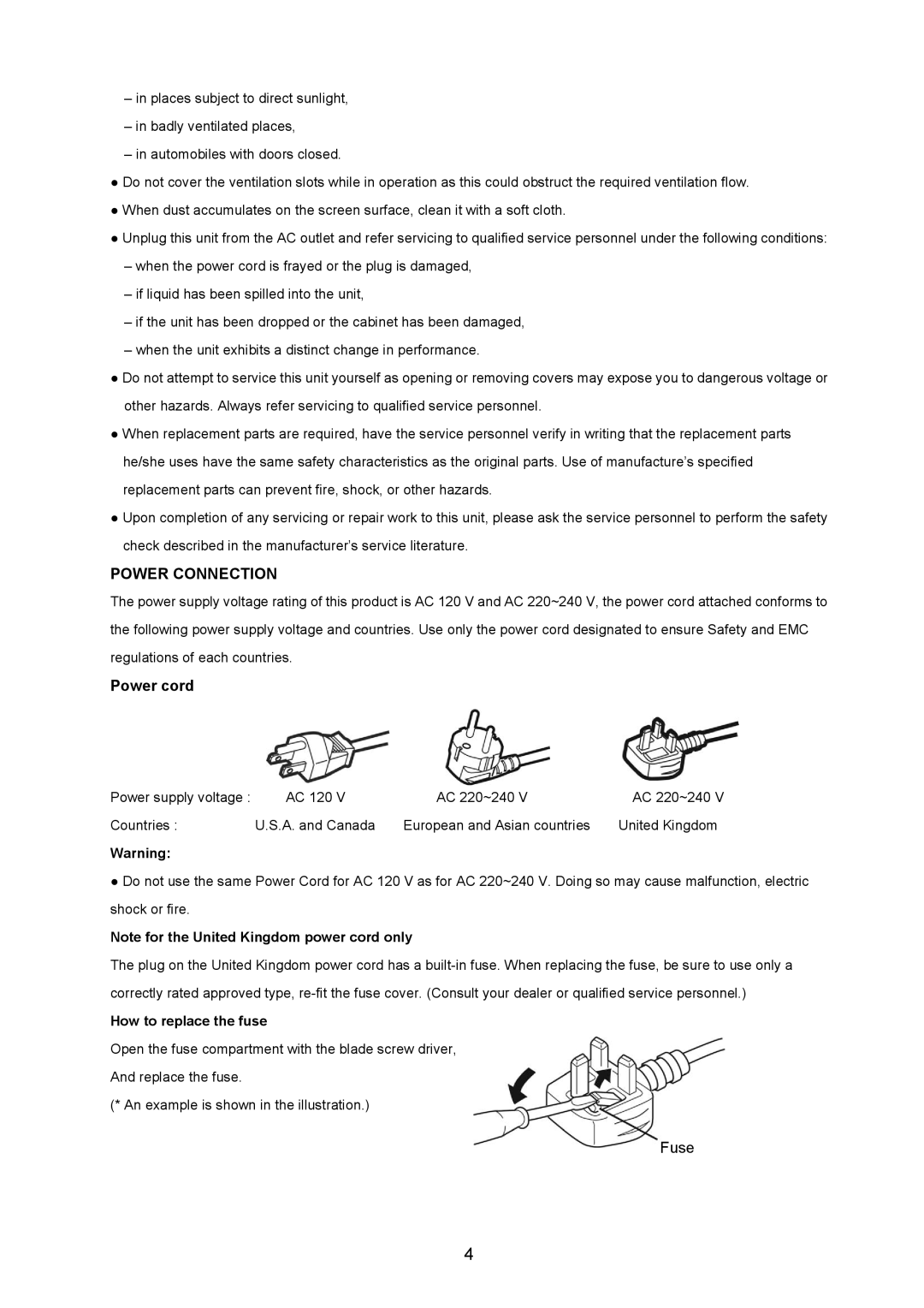 JVC GD-17L1G, GD-19L1G manual Power cord, How to replace the fuse 