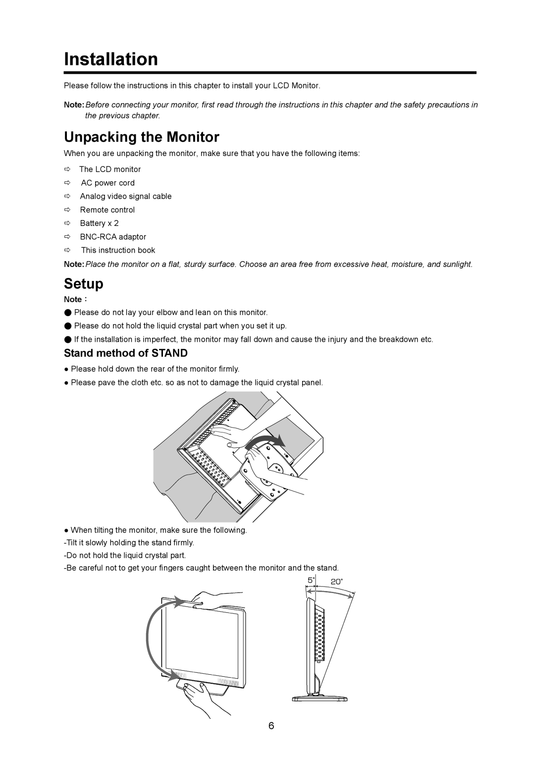 JVC GD-17L1G, GD-19L1G manual Installation, Unpacking the Monitor, Setup, Stand method of Stand 