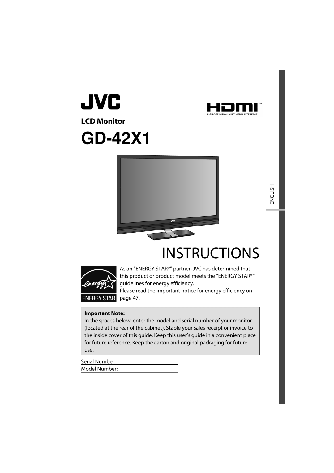 JVC GD-42X1E manual LCD Monitor, Important Note 