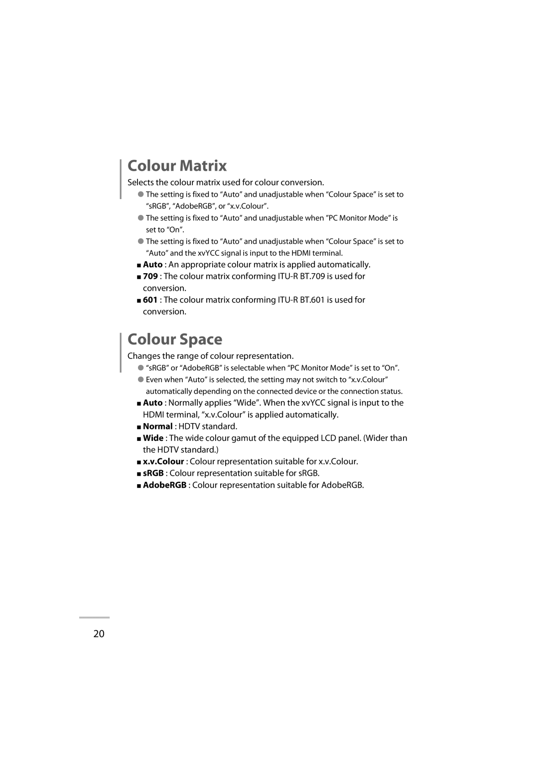 JVC GD-42X1E manual Colour Matrix, Colour Space, Selects the colour matrix used for colour conversion 