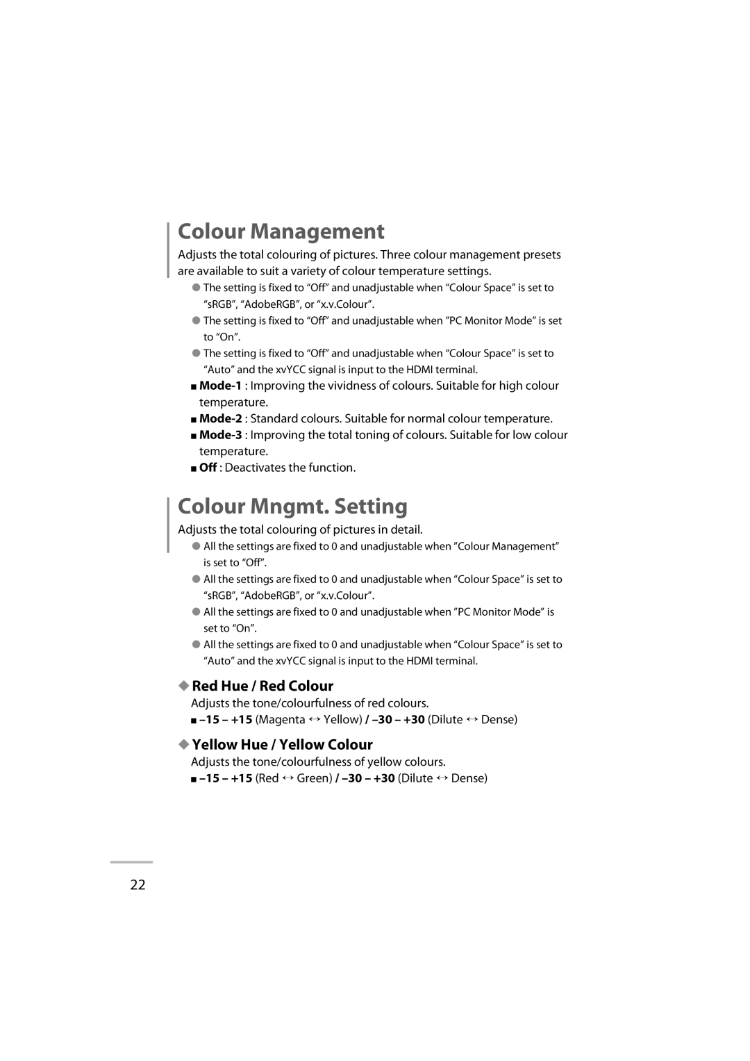 JVC GD-42X1E manual Colour Management, Colour Mngmt. Setting, Red Hue / Red Colour, Yellow Hue / Yellow Colour 