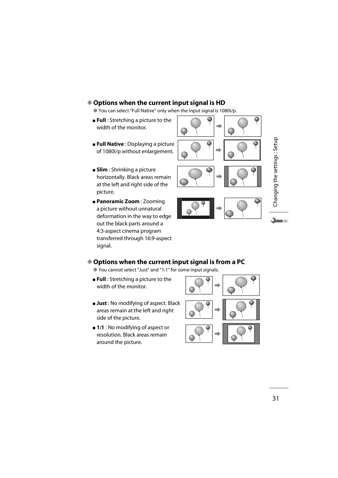 JVC GD-42X1E manual Options when the current input signal is HD 