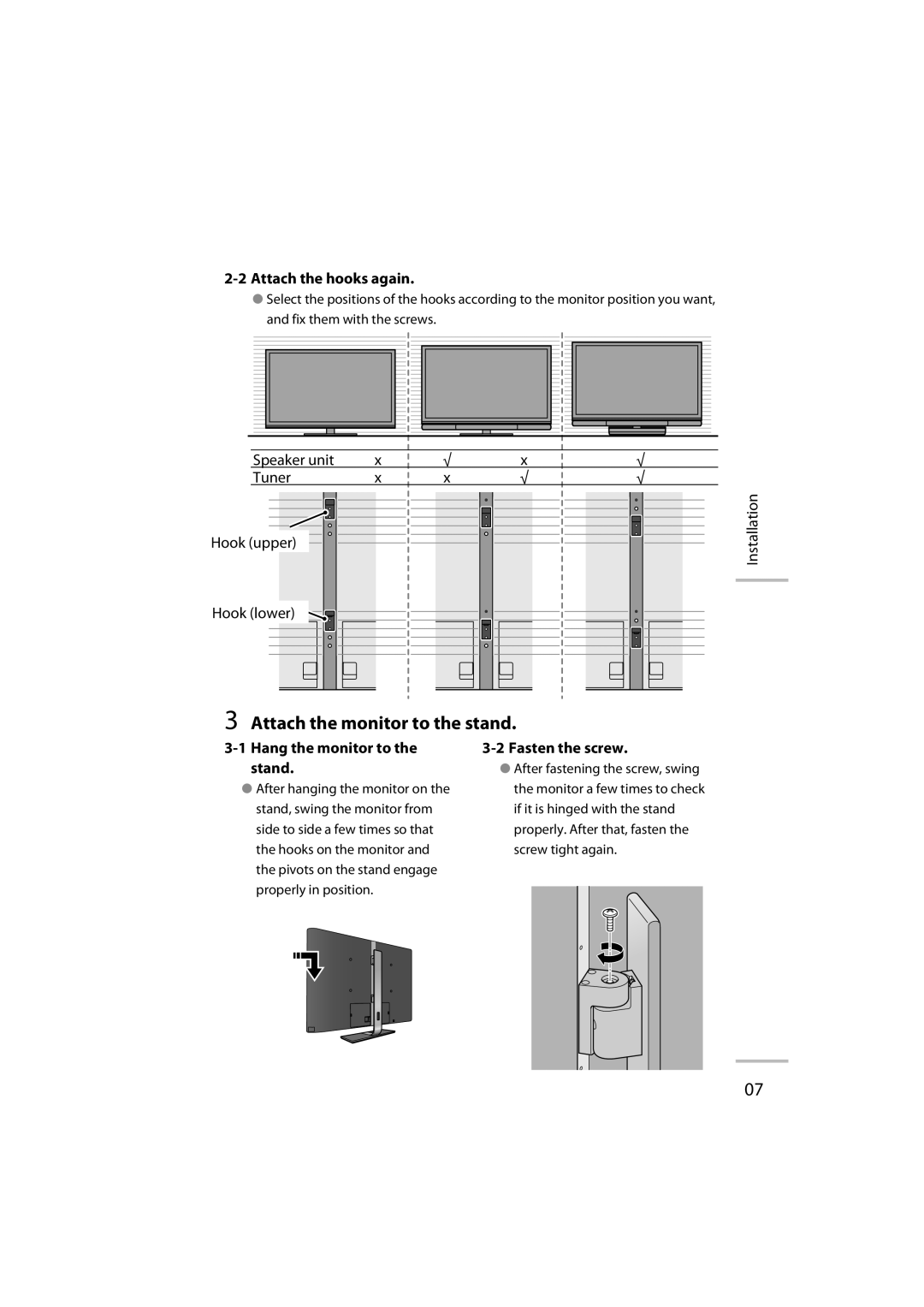 JVC GD-42X1 manual Attach the monitor to the stand, Attach the hooks again, Speaker unit Tuner Hook upper, Fasten the screw 