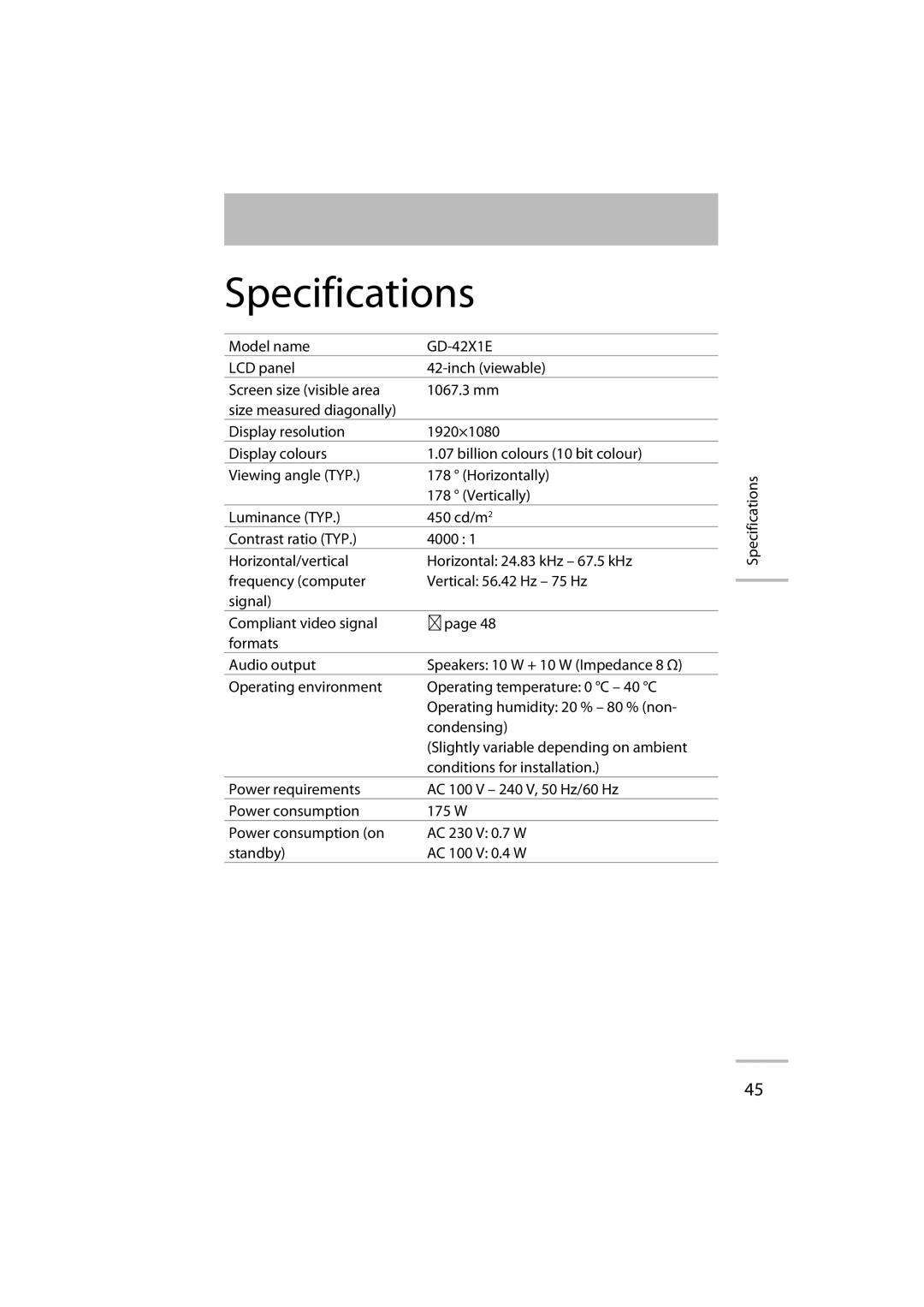 JVC GD-42X1E manual Specifications 