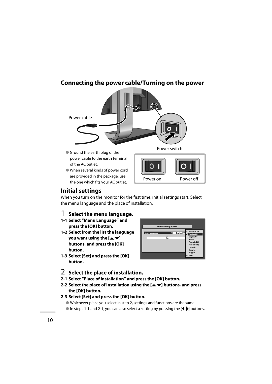 JVC GD-42X1E manual Connecting the power cable/Turning on the power, Initial settings, Select the menu language 