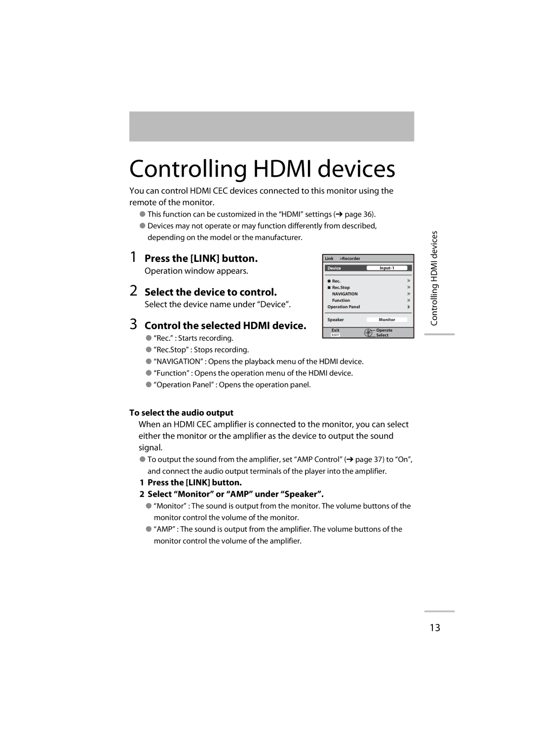 JVC GD-42X1E manual Controlling Hdmi devices, Press the Link button, Select the device to control 