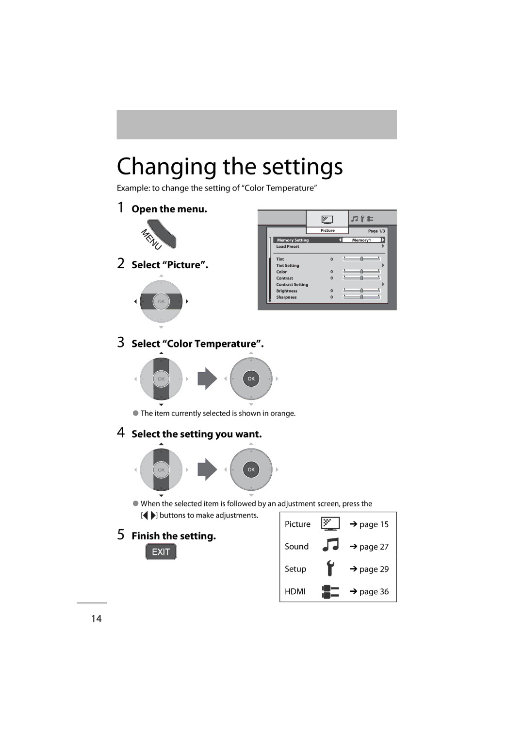 JVC GD-42X1E Changing the settings, Open the menu Select Picture, Select Color Temperature, Select the setting you want 