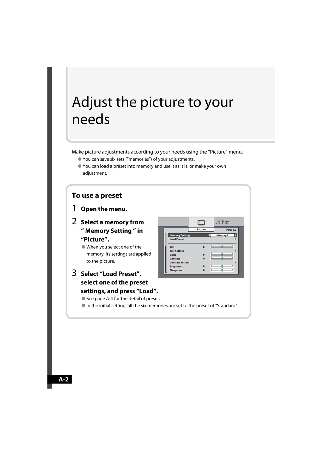 JVC GD-42X1E Adjust the picture to your needs, To use a preset, Open the menu Select a memory from Memory Setting, Picture 