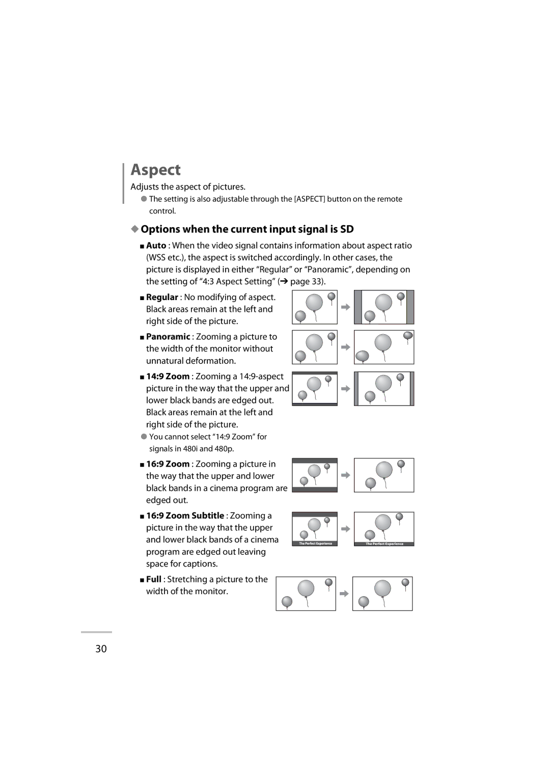 JVC GD-42X1E manual Aspect, Options when the current input signal is SD, Adjusts the aspect of pictures 