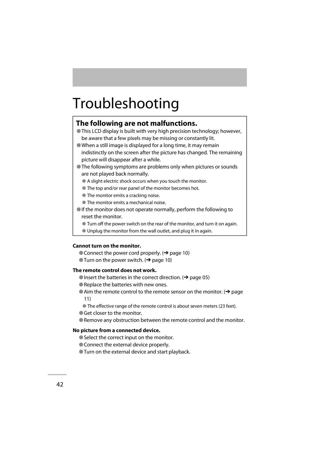 JVC GD-42X1E Troubleshooting, Following are not malfunctions, Cannot turn on the monitor, Remote control does not work 