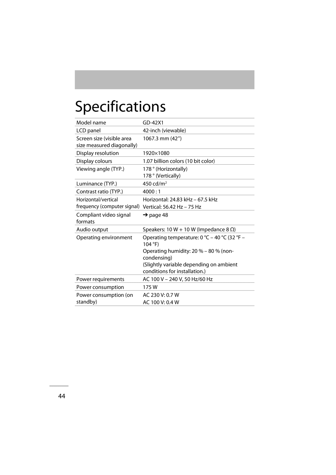 JVC GD-42X1E manual Specifications, Vertical 56.42 Hz 75 Hz 