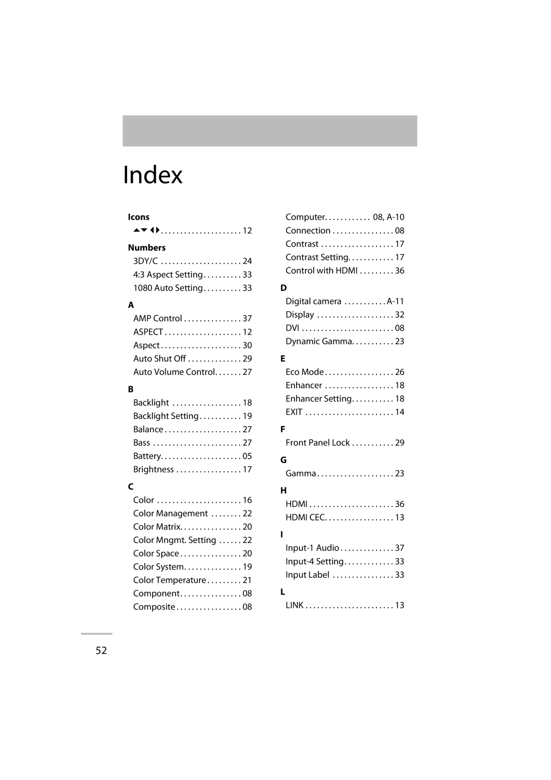 JVC GD-42X1E manual Index, Icons Numbers 