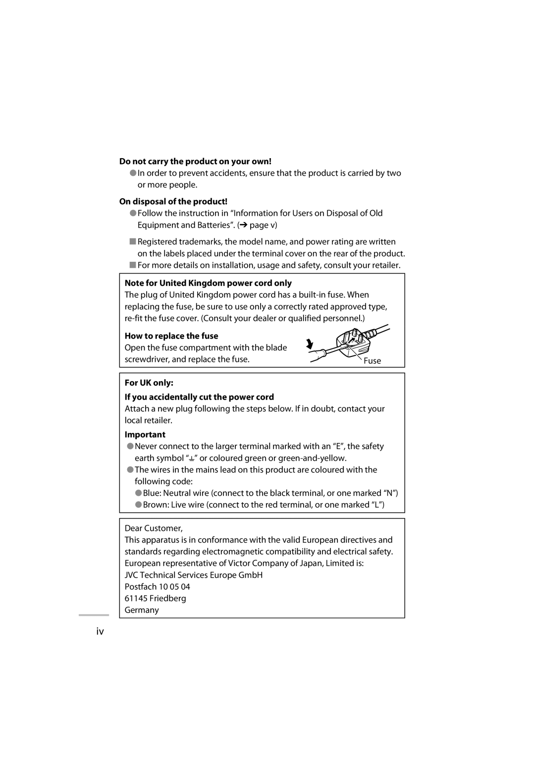 JVC GD-42X1E manual Do not carry the product on your own, On disposal of the product, How to replace the fuse 