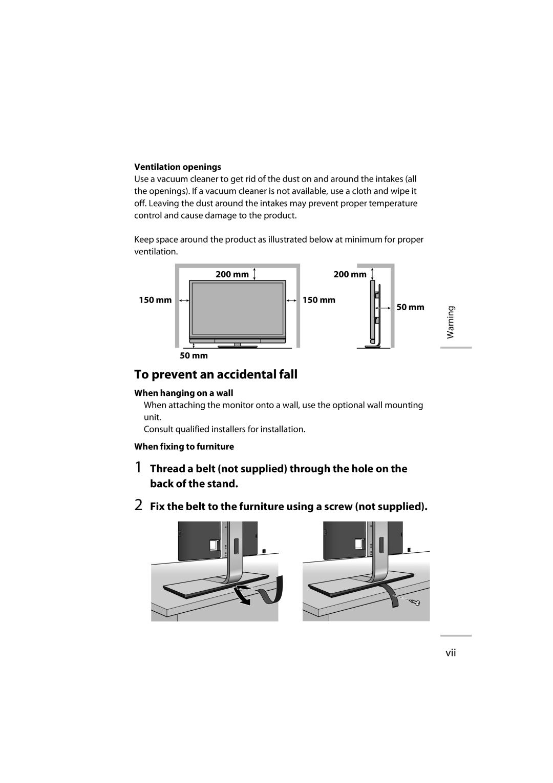 JVC GD-42X1E manual Ventilation openings, 200 mm 150 mm, When hanging on a wall 